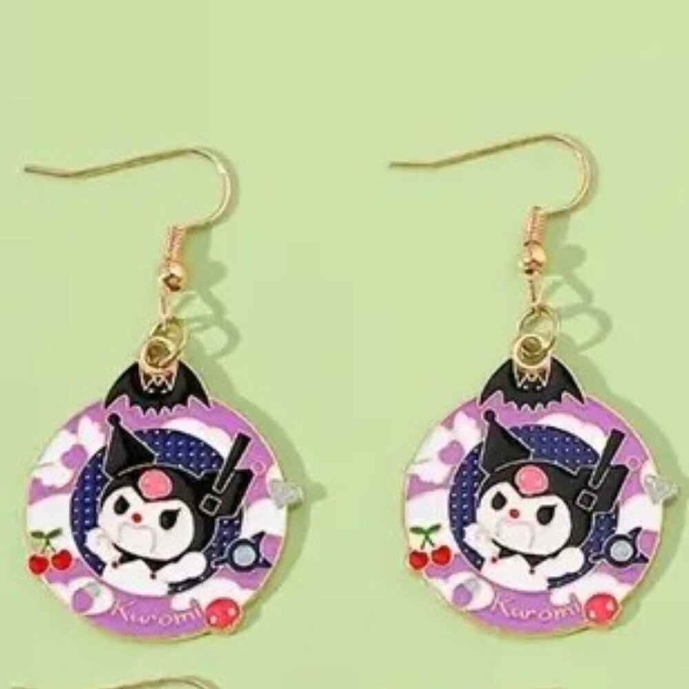 Earrings Kuromi Enamel Sanrio Hello Kitty Bat Dangle Gold Emo Rave Trendy Fun